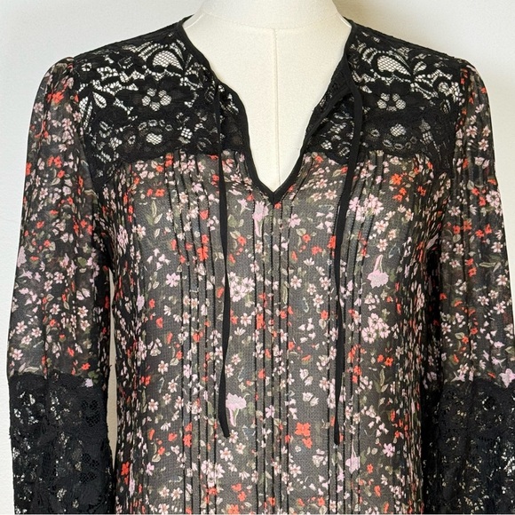 Rebecca Taylor ‘Lyra’ Red Floral Black Lace Pintuck Silk Blouse Women’s Size 00 - Picture 11 of 15